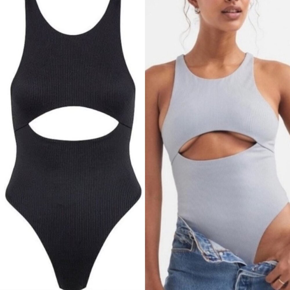 For Love and Lemons Gray Keyhole Cutout Front Ribbed Bodysuit XS 23072